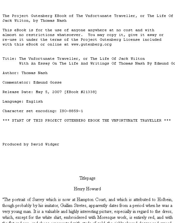 The Vnfortunate Traveller, or The Life Of Jack Wilton With An Essay On The Life And Writings Of Thomas Nash By Edmund Gosse