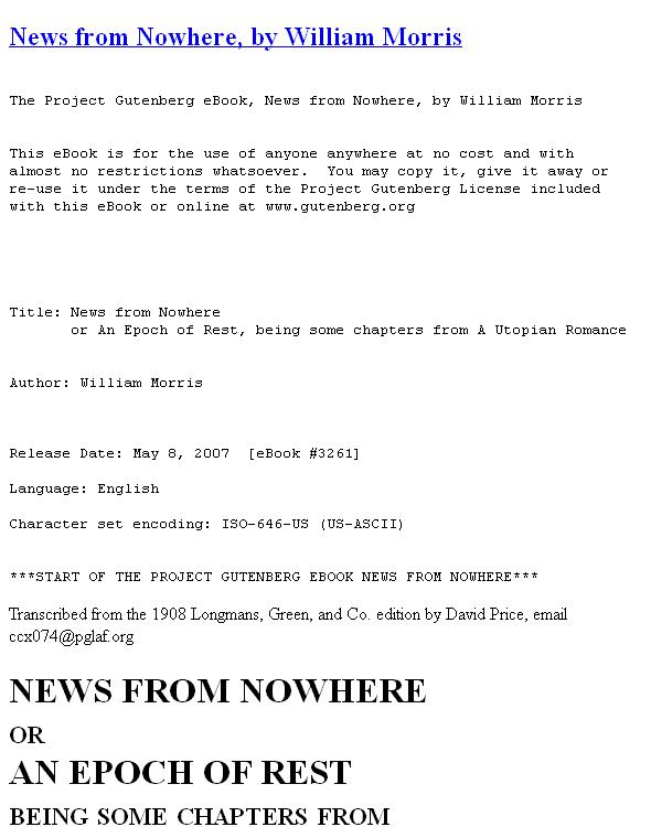 News from Nowhere, or, an Epoch of Rest : being some chapters from a utopian romance